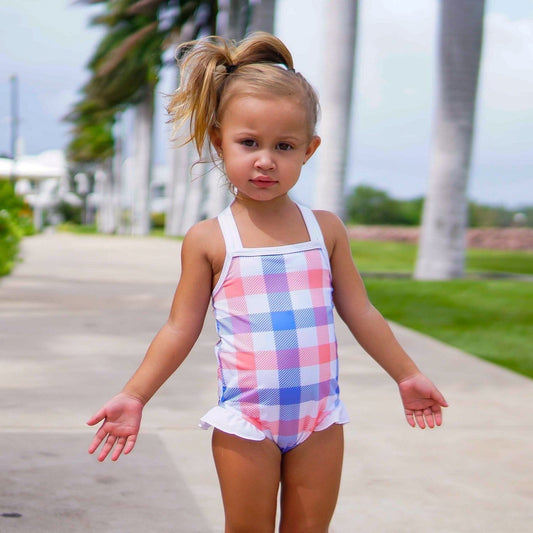 Coral Gingham Sleeveless One Piece Swimsuit