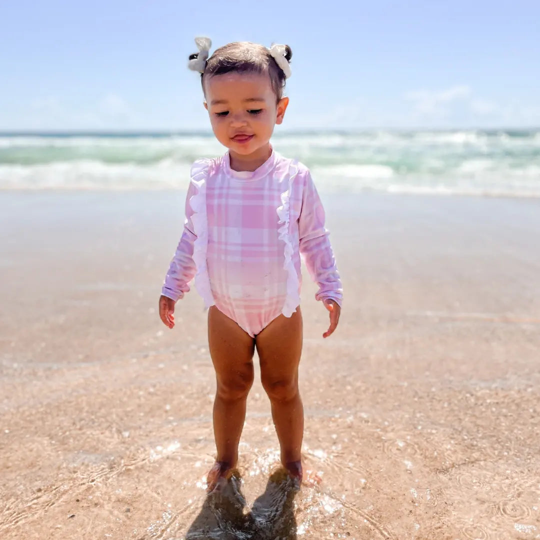 Pink Gingham Long Sleeve One Piece Swimsuit