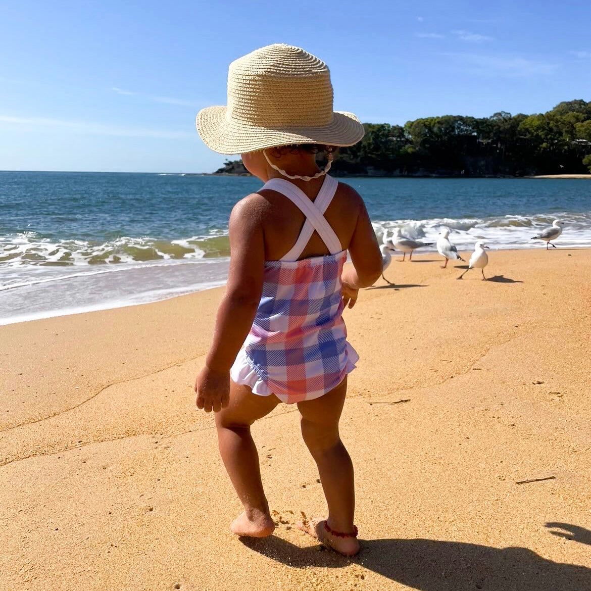 Coral Gingham Sleeveless One Piece Swimsuit