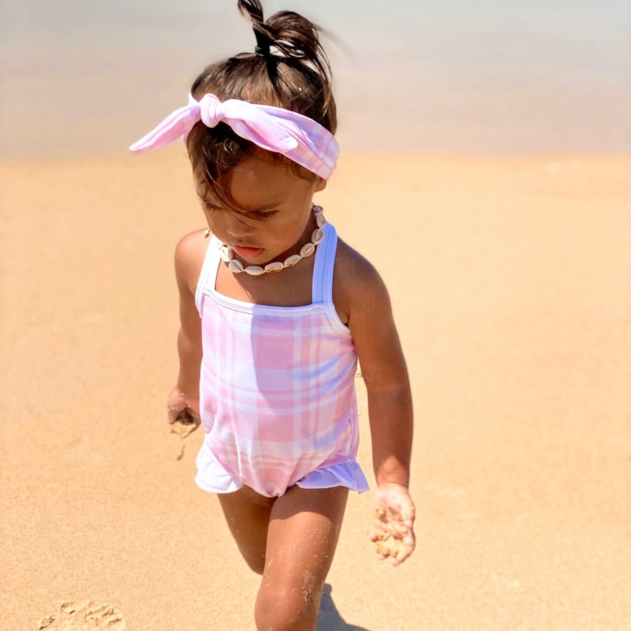 Pink Gingham Sleeveless One Piece Swimsuit