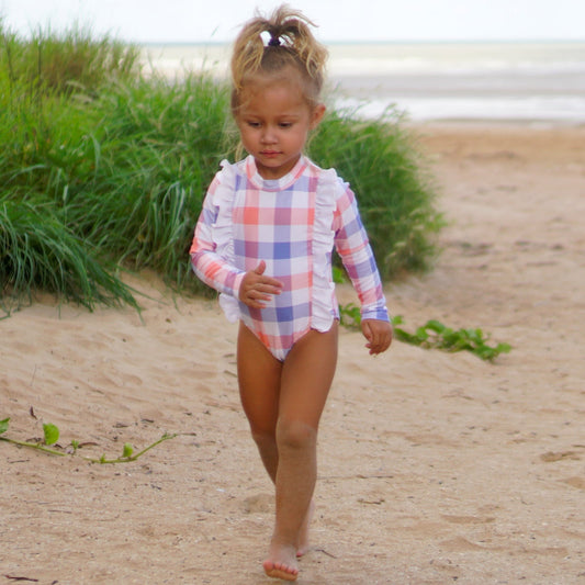 Coral Gingham Long Sleeve One Piece Swimsuit