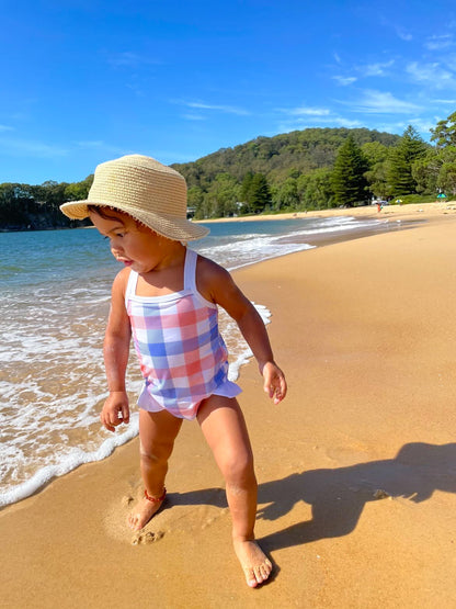 Coral Gingham Sleeveless One Piece Swimsuit